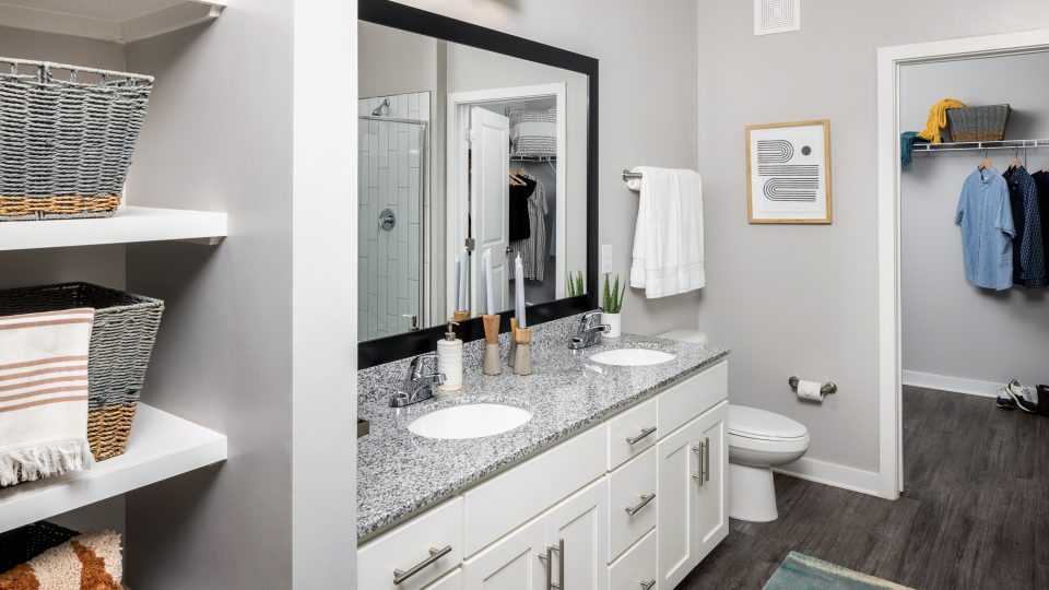 Bathroom with two sinks and large framed mirror, walk in closet, and built in shelving