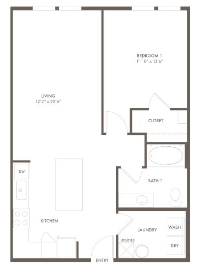 A2 floor plan with one bedroom and one bathroom at Story Mundy Mill