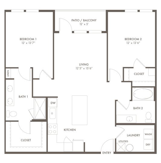 B1 floor plan with two bedrooms and two bathrooms at Story Mundy Mill