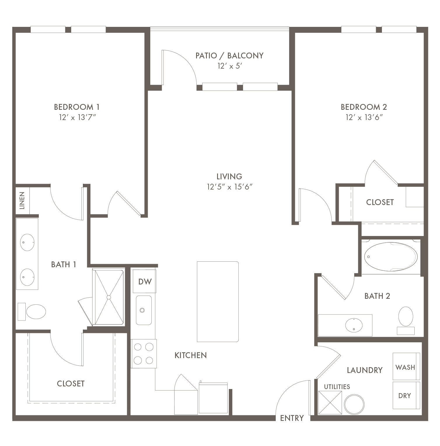 A B1 unit with 2 Bedrooms and 2 Bathrooms with area of 1164 sq. ft