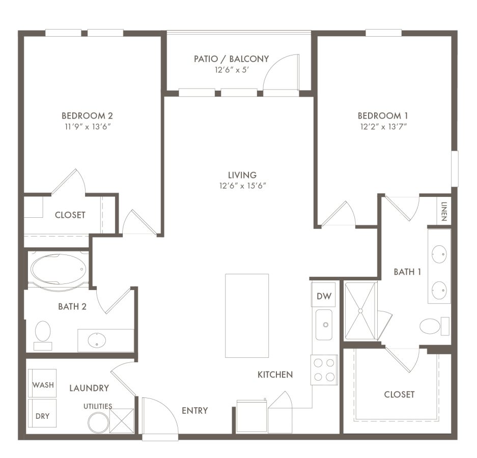 B1C floor plan with two bedrooms and two bathrooms at Story Mundy Mill