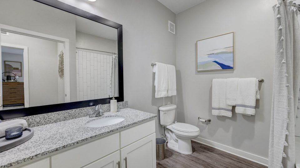 a bathroom with white cabinets, granite counter tops and a shower at The Story Mundy Mill